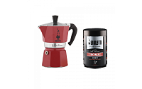Подарочный набор гейзерная кофеварка Bialetti Moka Express Red + Caffe Roma